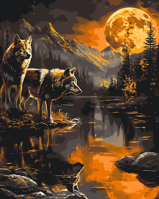 Maľovanie podľa čísel Zvieratá. Pár vlkov v noci. S metalickými farbami 40*50 cm LW 30780