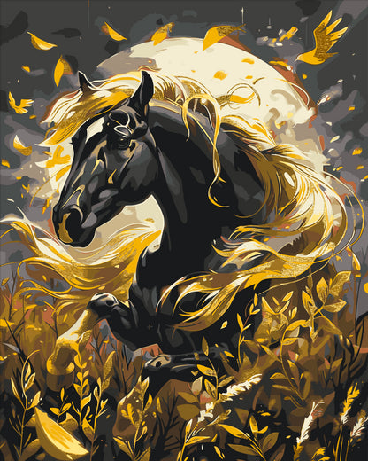 Maľovanie podľa čísel Zvieratá. Čierny kôň s metalickými farbami 40*50 cm LW 31200