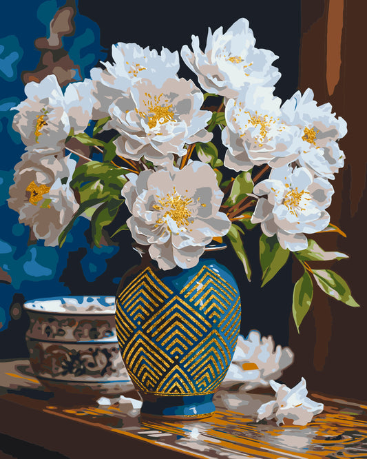 Maľovanie podľa čísel Bielé kvety vo váze s metalickými farbami zlato 40*50 cm LW 31350