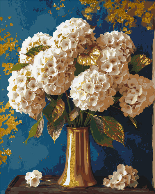 Maľovanie podľa čísel Kvety. Kytica hortenzií s metalickými farbami 40*50 cm LW 3295
