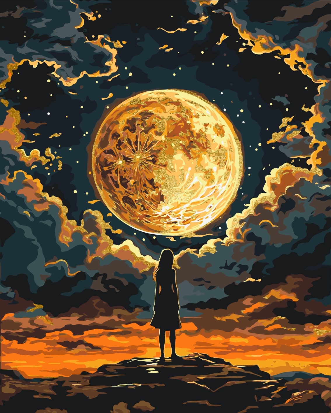 Maľovanie podľa čísel Ľudia. Dievča pod Mesiacom. Vesmír (s metalickými farbami) 40*50 cm LW 3401