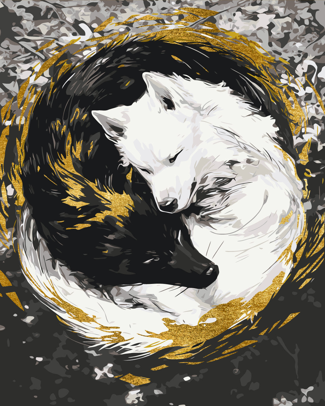 Maľovanie podľa čísel Zvieratá. Pár vlkov s metalickými farbami (jin jang) 40*50 cm LW 3458