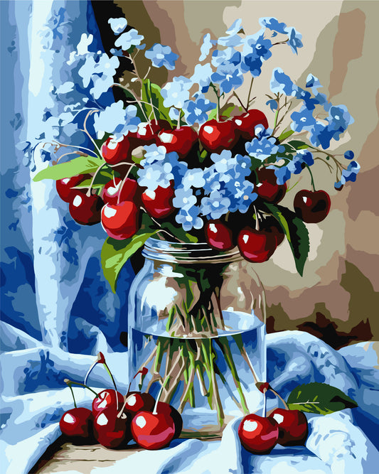 Maľovanie podľa čísel – Zátišie. Kytica kvetov s višňami 40*50 cm LW 3505