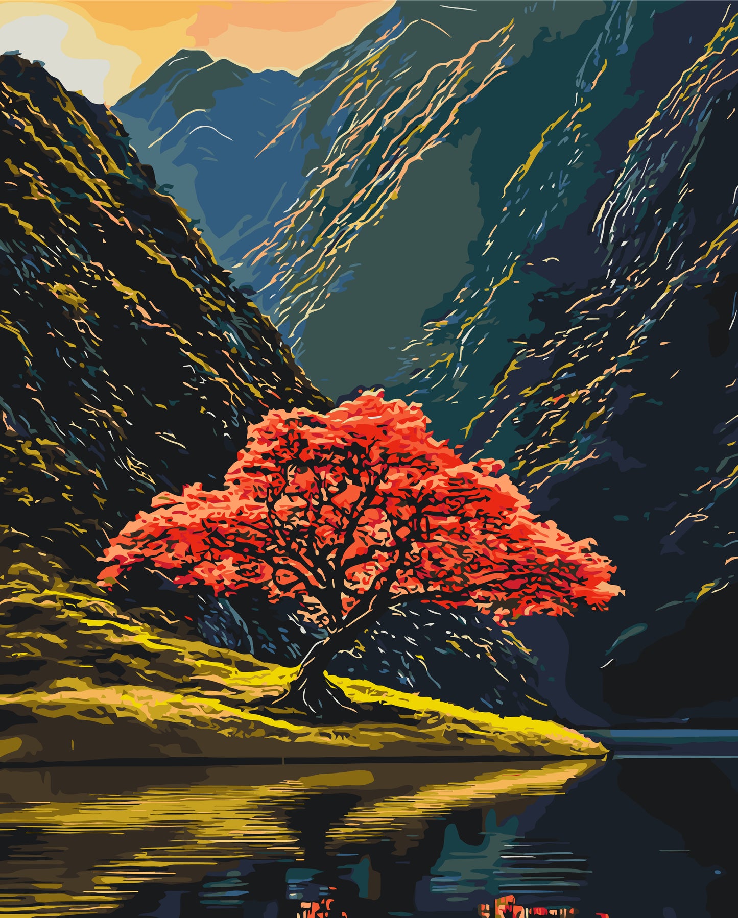 Maľovanie podľa čísel krajinka – Strom medzi horami 40*50 cm LW 3514