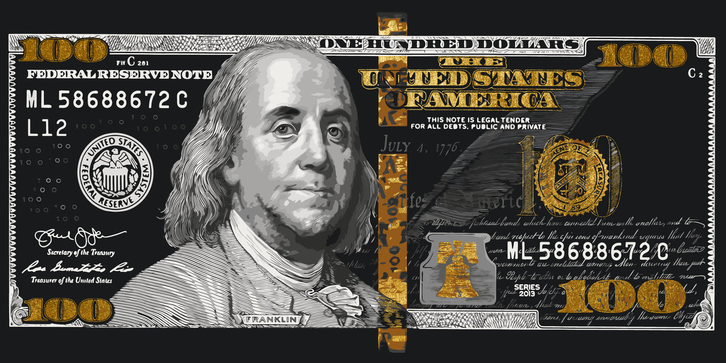 Maľovanie podľa čísel Franklin. Dolár (100 dolárov) s metalickými farbami (zlato) 40×80 cm LW 5100