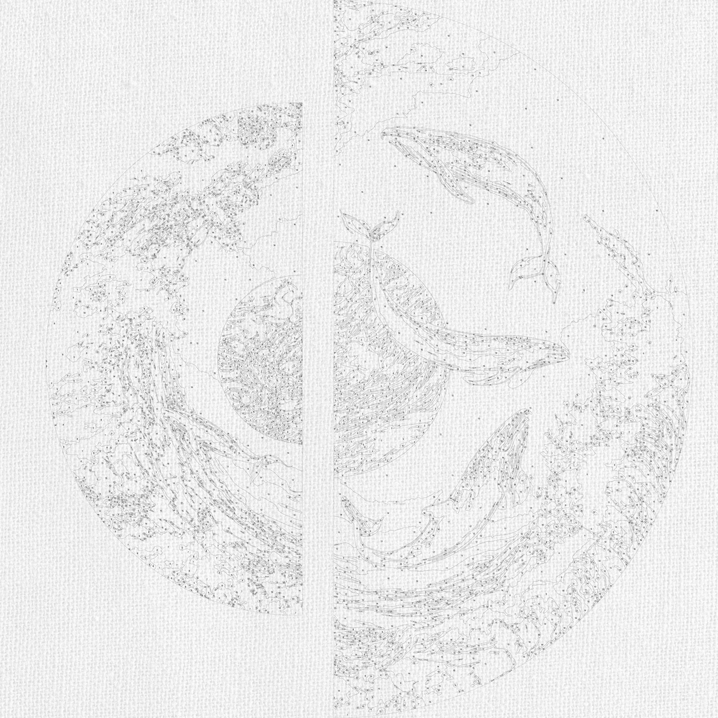 Maľovanie podľa čísel Tanec veľrýb pri zlatej planéte s metalickými farbami (polkruhy) 70×70 cm OSR 1002