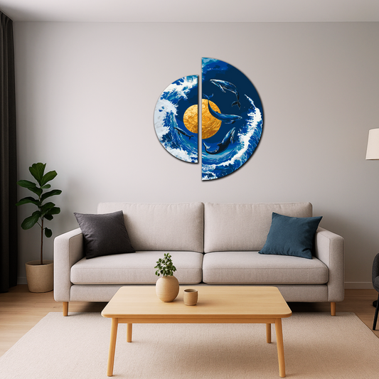 Maľovanie podľa čísel Tanec veľrýb pri zlatej planéte s metalickými farbami (polkruhy) 70×70 cm OSR 1002